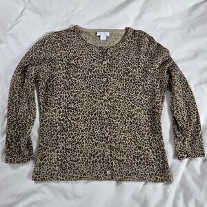 Garnet Hill Leopard Print Women Medium Button Down Sweater Merino Wool